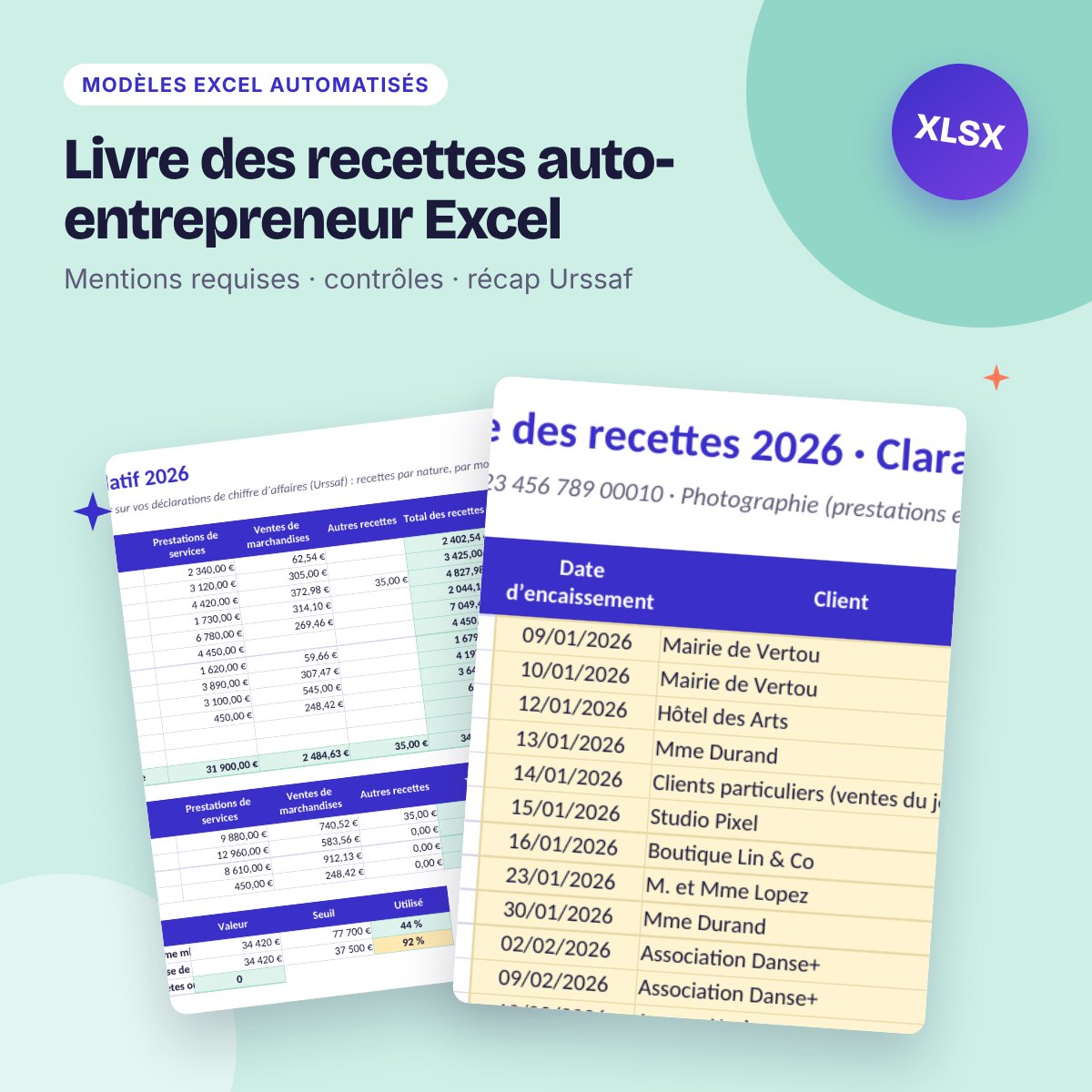 Livre des recettes auto-entrepreneur Excel – registre des achats et récap