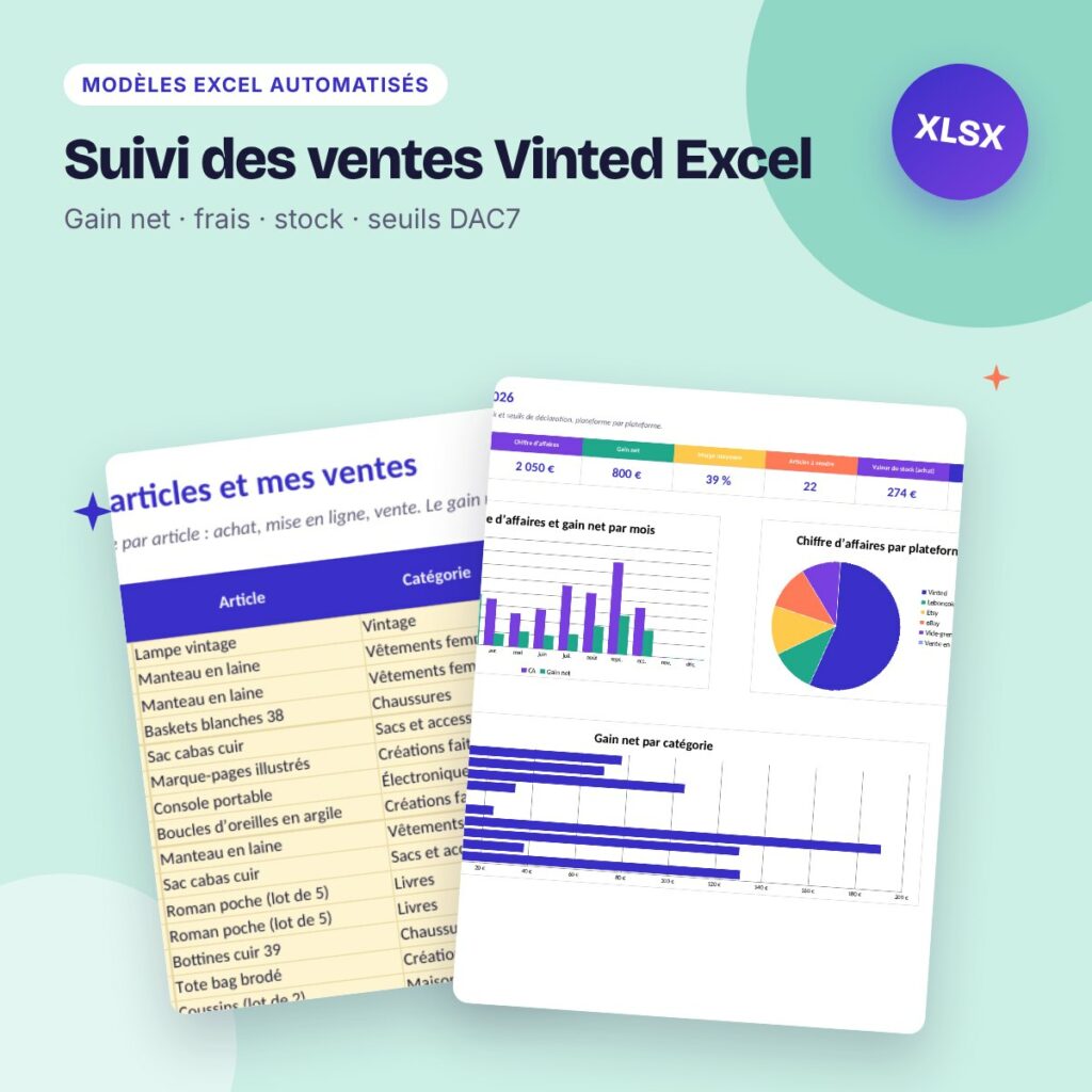 Suivi des ventes Vinted Excel – Leboncoin, Etsy, marge par article et stock