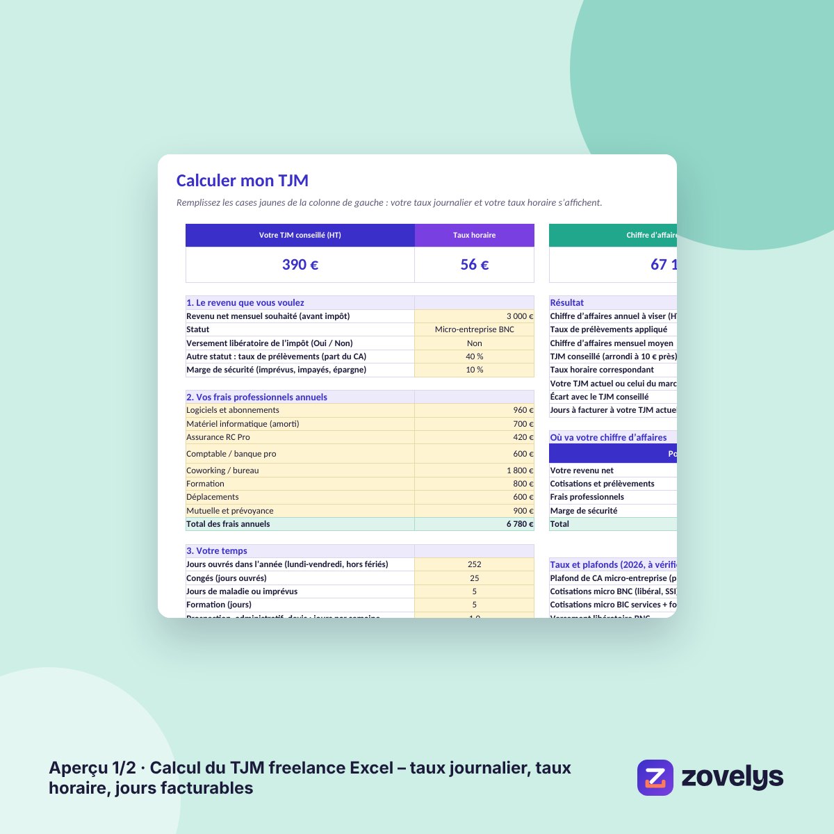 Calcul du TJM freelance Excel – taux journalier, taux horaire, jours facturables – aperçu 1