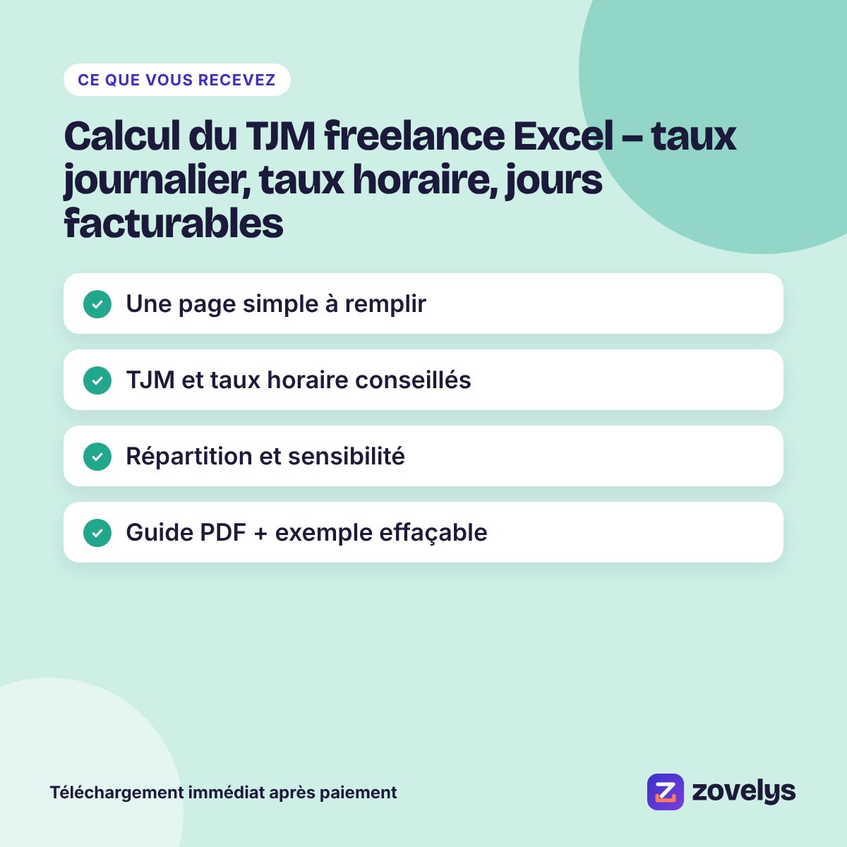 Calcul du TJM freelance Excel – taux journalier, taux horaire, jours facturables – aperçu 3