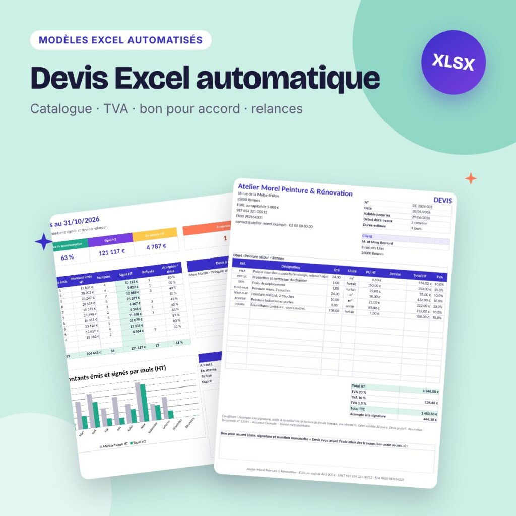 Devis Excel automatique – modèle de devis, catalogue, suivi et relances
