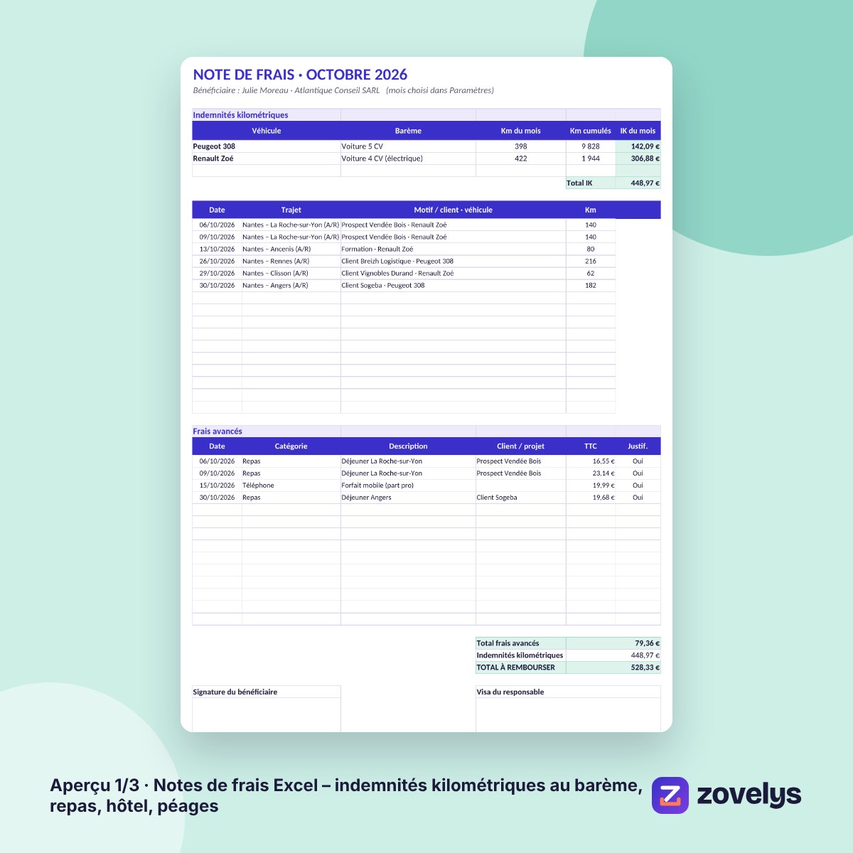 Notes de frais Excel – indemnités kilométriques au barème, repas, hôtel, péages – aperçu 1