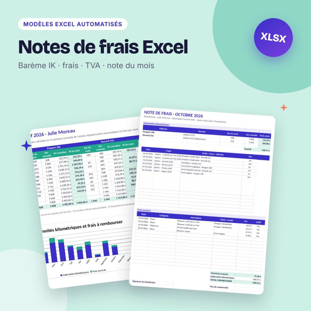 Notes de frais Excel – indemnités kilométriques au barème, repas, hôtel, péages