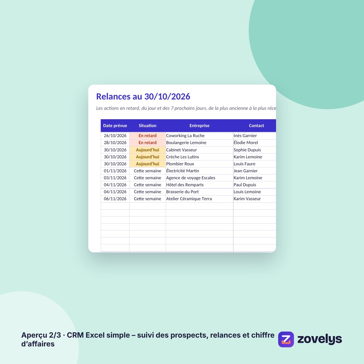 CRM Excel simple – suivi des prospects, relances et chiffre d’affaires – aperçu 2