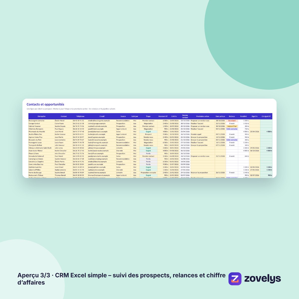 CRM Excel simple – suivi des prospects, relances et chiffre d’affaires – aperçu 3
