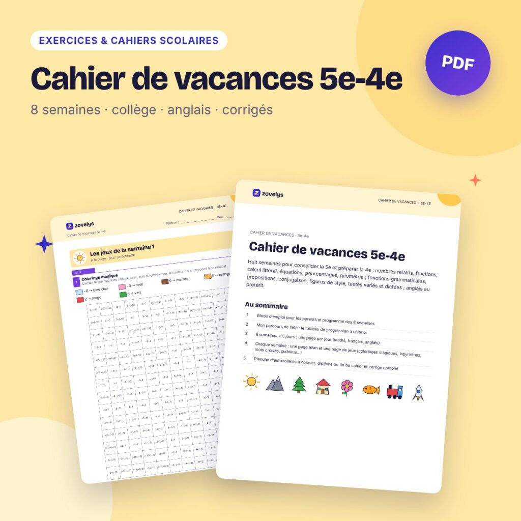 Cahier de vacances 5e-4e – maths, français, anglais et énigmes, avec corrigés