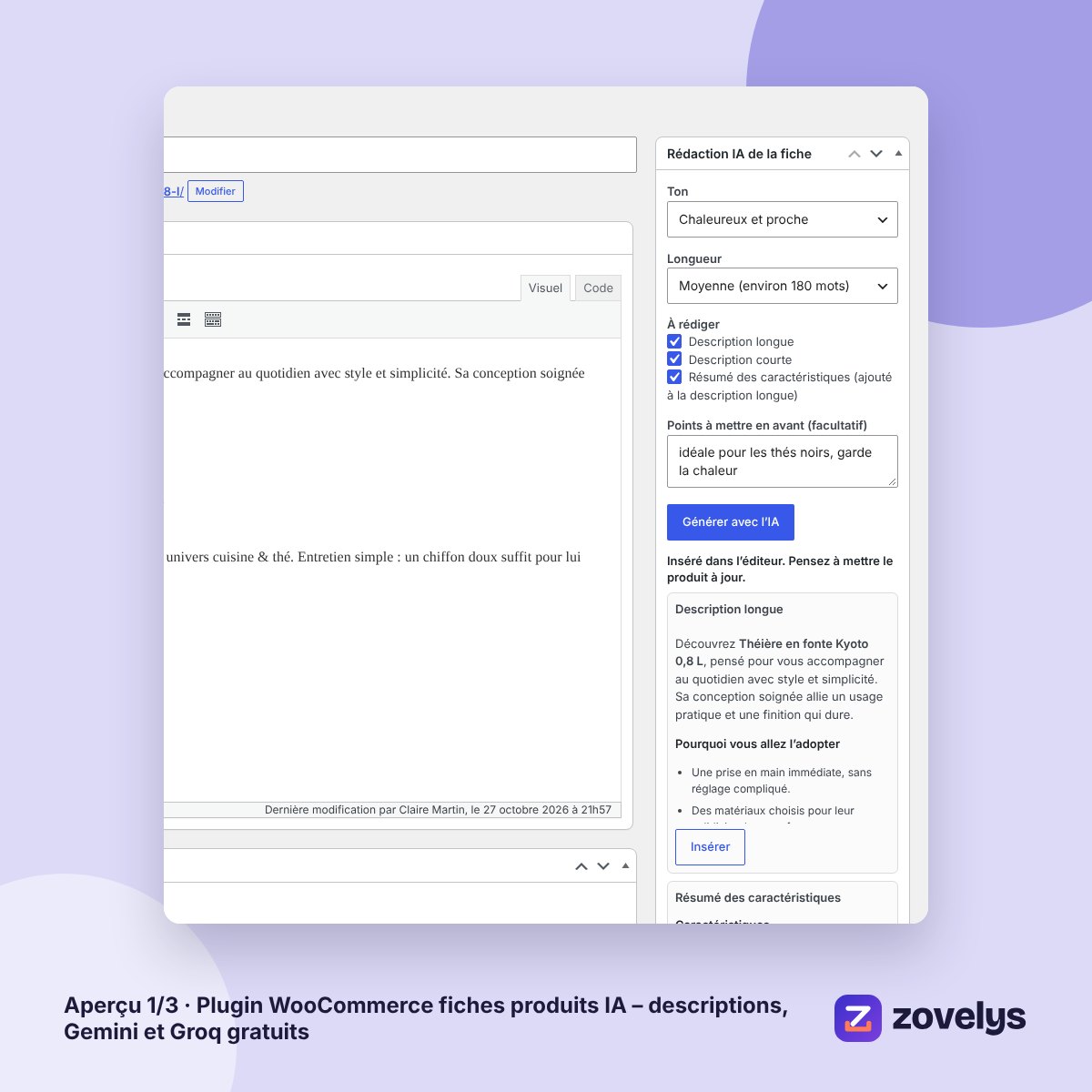 Plugin WooCommerce fiches produits IA – descriptions, Gemini et Groq gratuits – aperçu 1