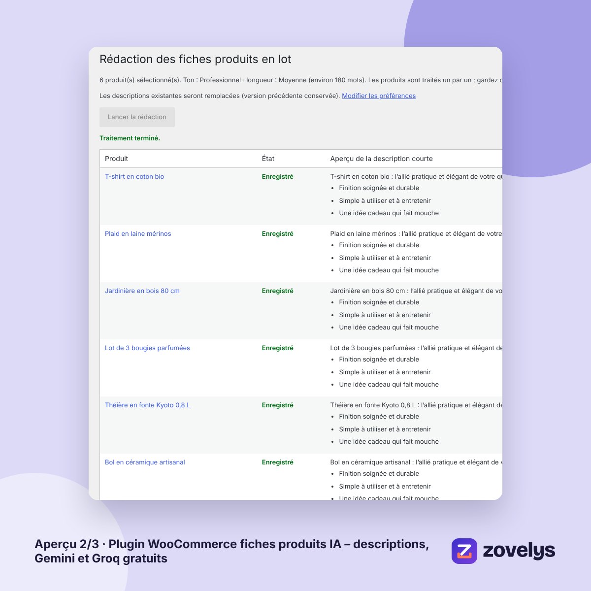 Plugin WooCommerce fiches produits IA – descriptions, Gemini et Groq gratuits – aperçu 2