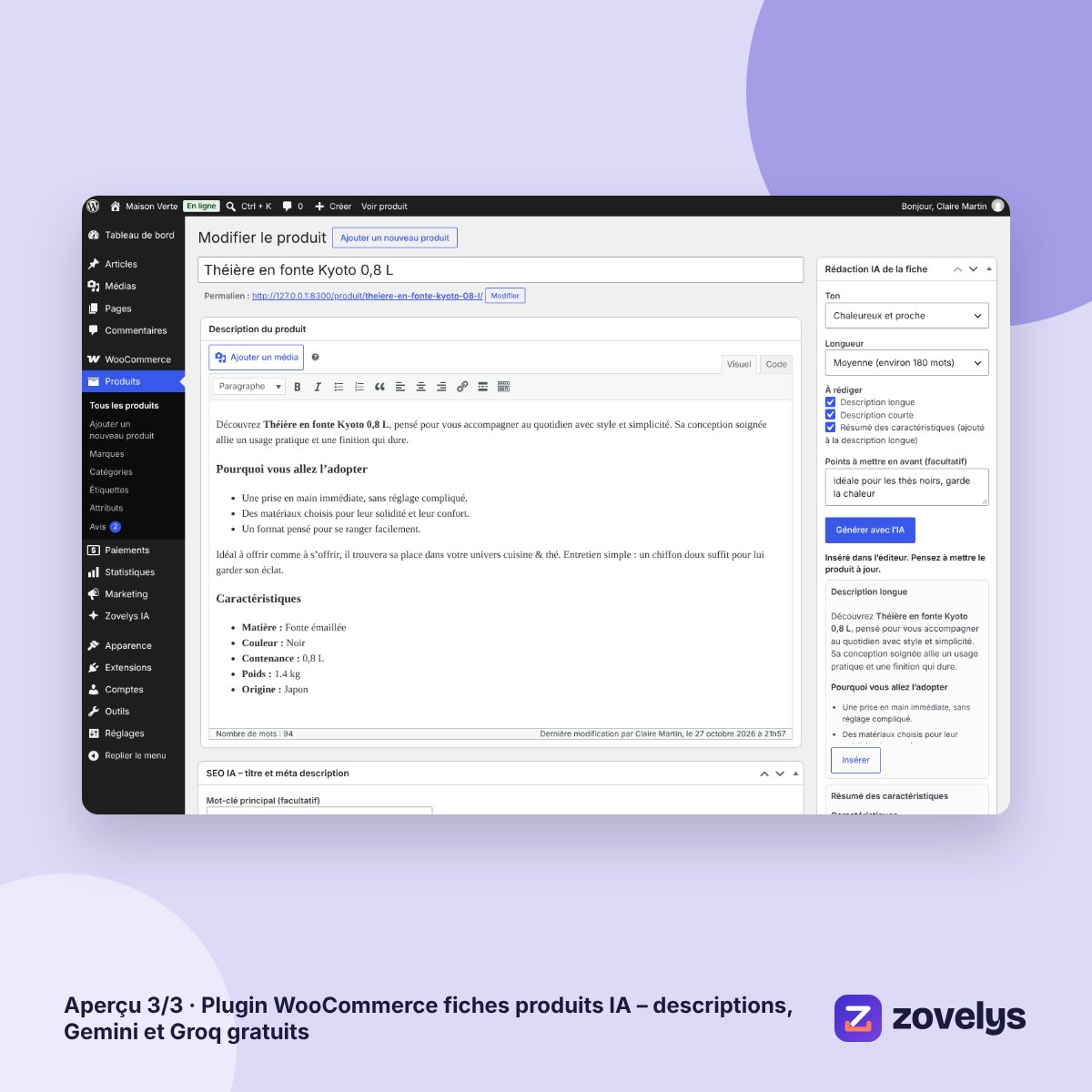 Plugin WooCommerce fiches produits IA – descriptions, Gemini et Groq gratuits – aperçu 3