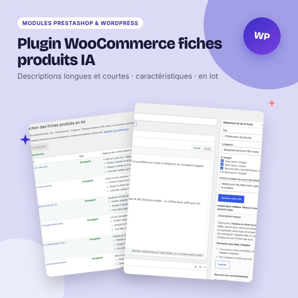 Plugin WooCommerce fiches produits IA – descriptions, Gemini et Groq gratuits