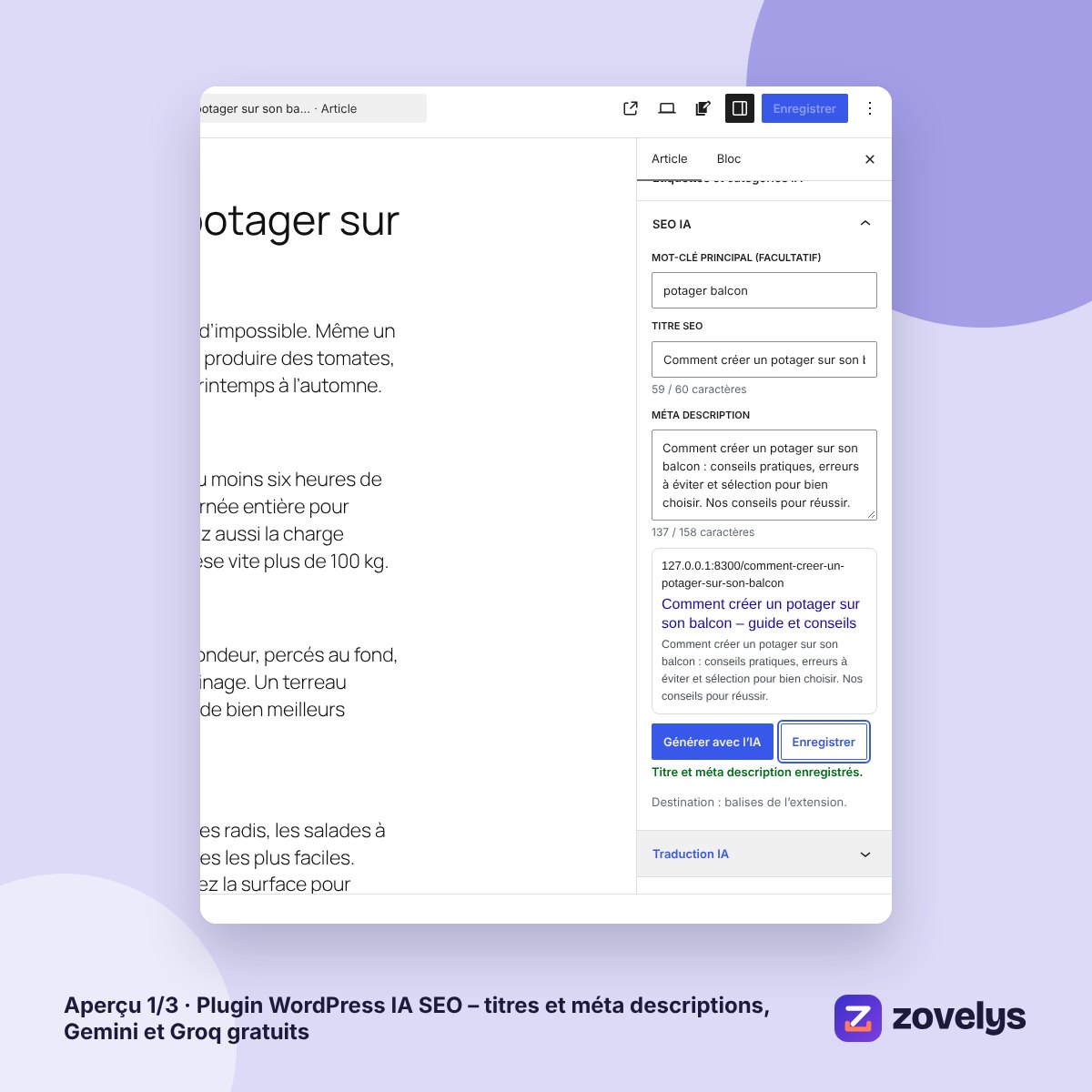 Plugin WordPress IA SEO – titres et méta descriptions, Gemini et Groq gratuits – aperçu 1