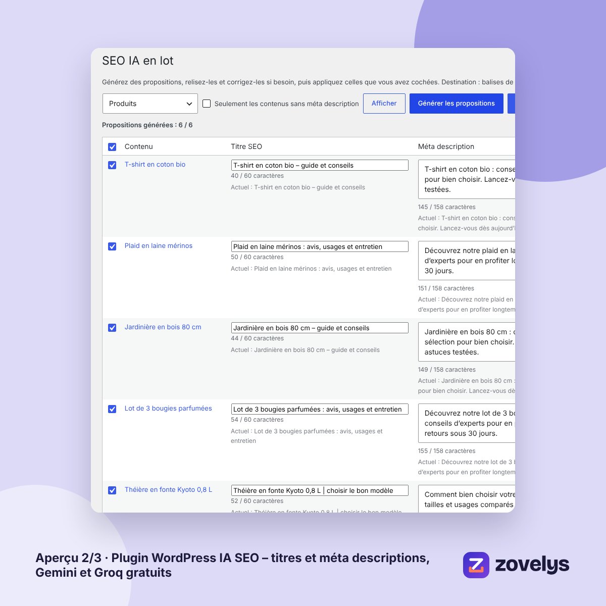 Plugin WordPress IA SEO – titres et méta descriptions, Gemini et Groq gratuits – aperçu 2