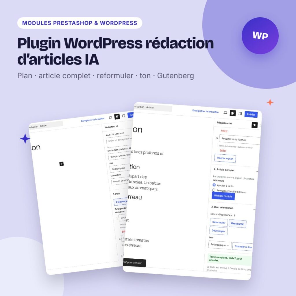 Plugin WordPress rédaction d’articles IA – Gutenberg, Gemini et Groq gratuits