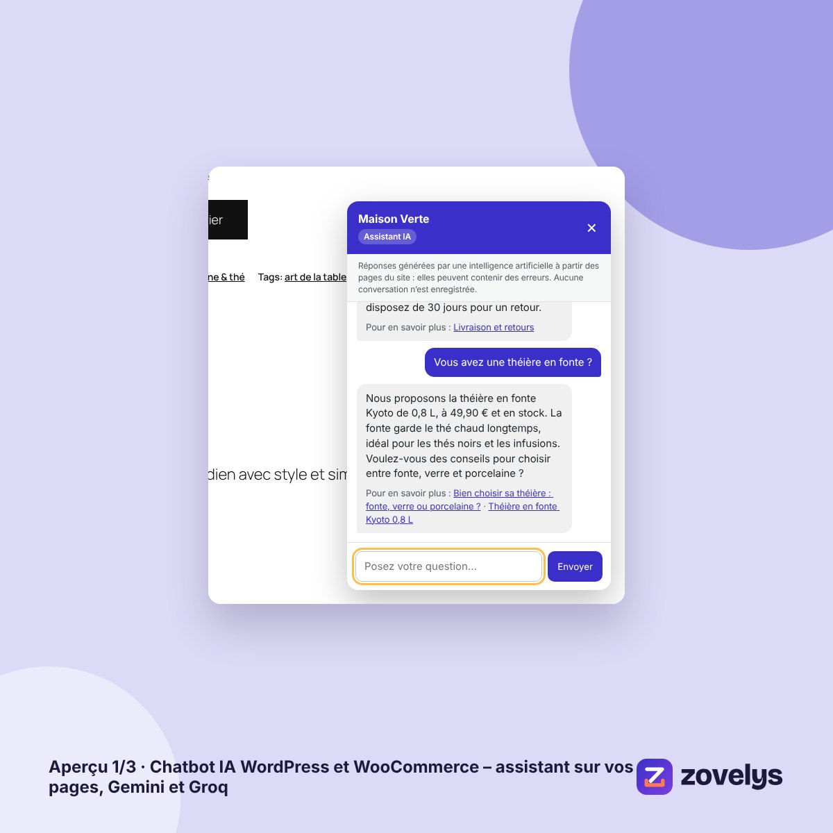 Chatbot IA WordPress et WooCommerce – assistant sur vos pages, Gemini et Groq – aperçu 1