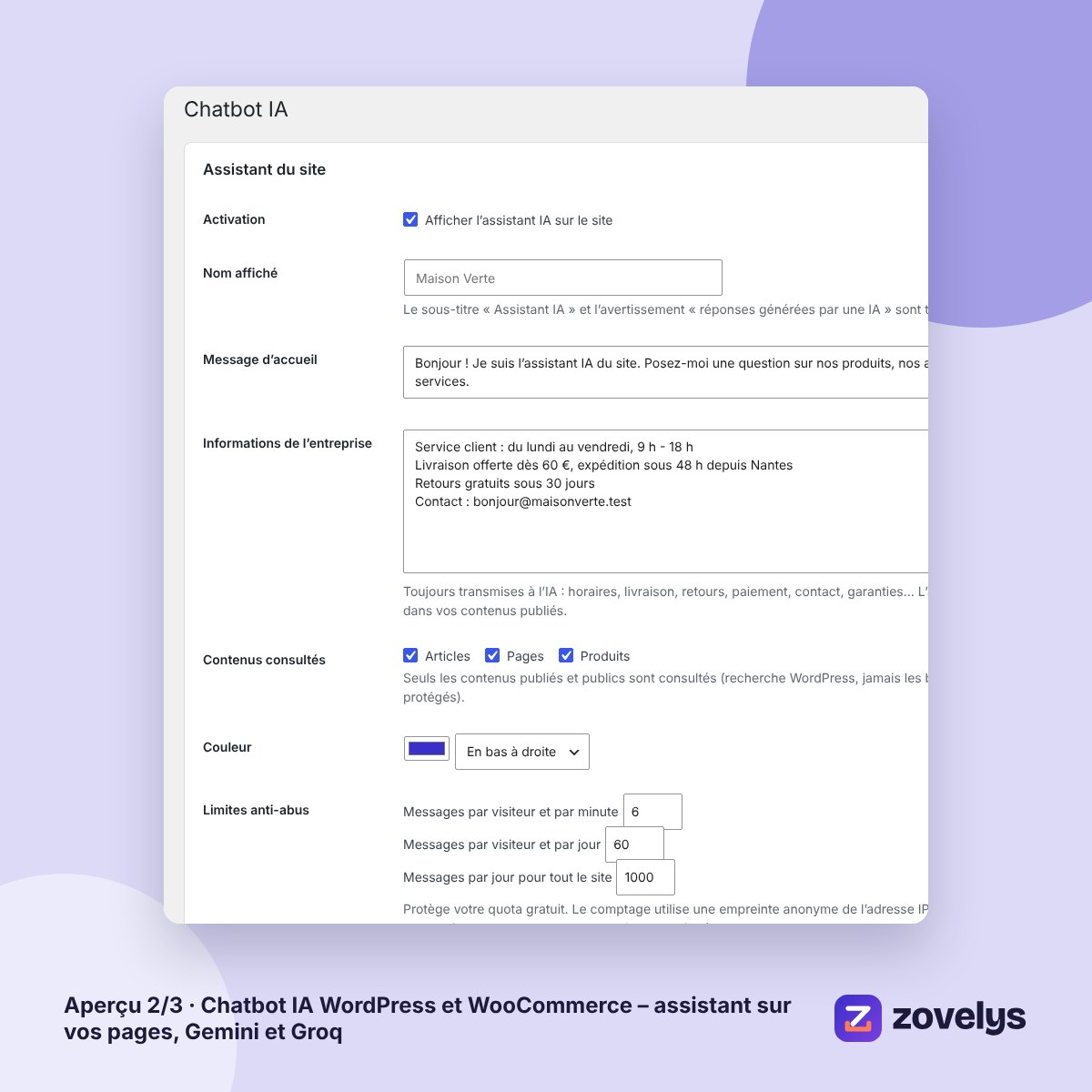 Chatbot IA WordPress et WooCommerce – assistant sur vos pages, Gemini et Groq – aperçu 2
