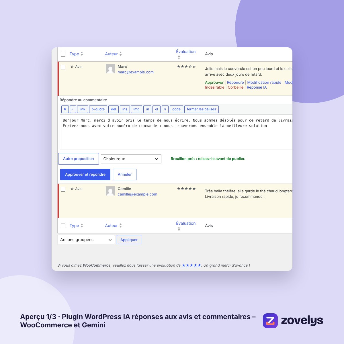 Plugin WordPress IA réponses aux avis et commentaires – WooCommerce et Gemini – aperçu 1