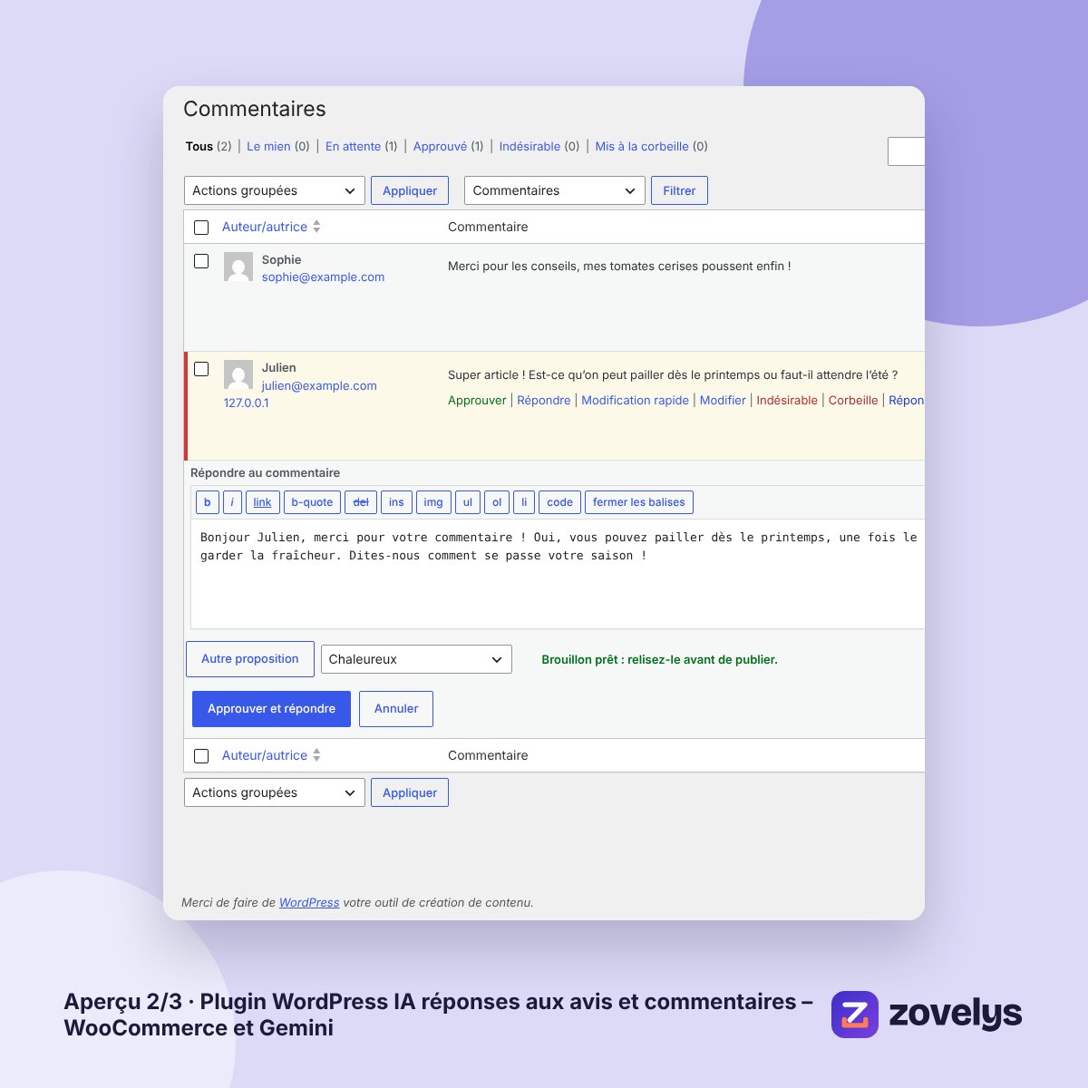 Plugin WordPress IA réponses aux avis et commentaires – WooCommerce et Gemini – aperçu 2