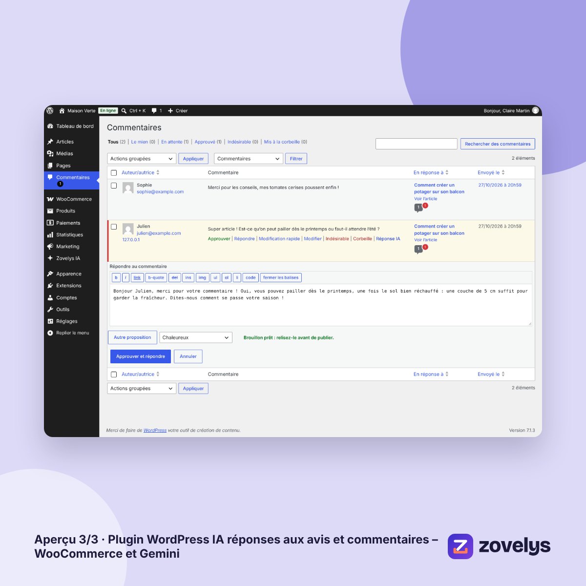 Plugin WordPress IA réponses aux avis et commentaires – WooCommerce et Gemini – aperçu 3