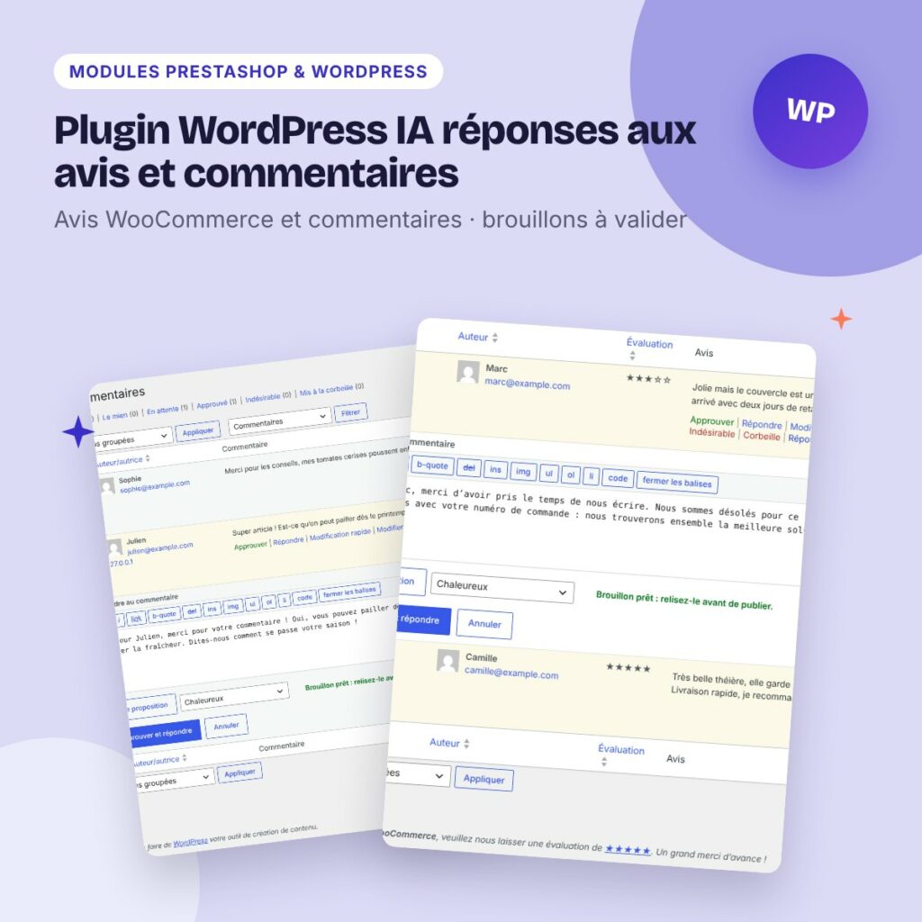 Plugin WordPress IA réponses aux avis et commentaires – WooCommerce et Gemini