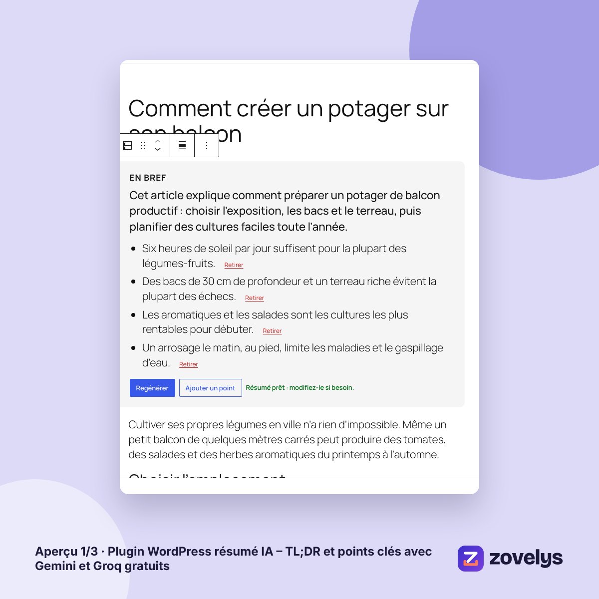Plugin WordPress résumé IA – TL;DR et points clés avec Gemini et Groq gratuits – aperçu 1