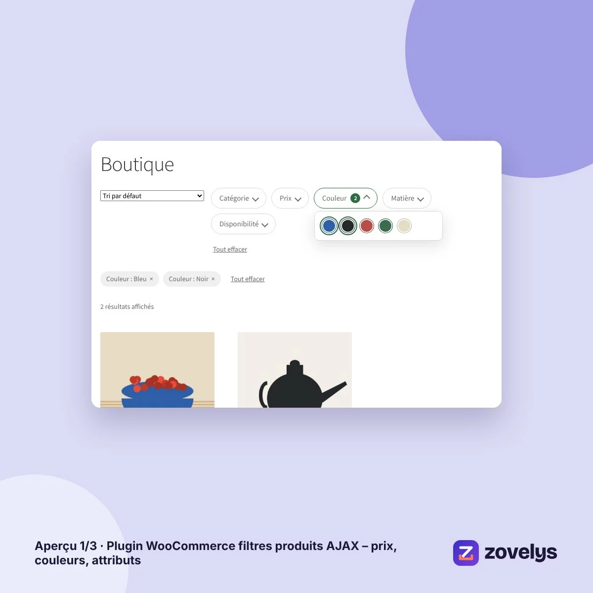 Plugin WooCommerce filtres produits AJAX – prix, couleurs, attributs – aperçu 1