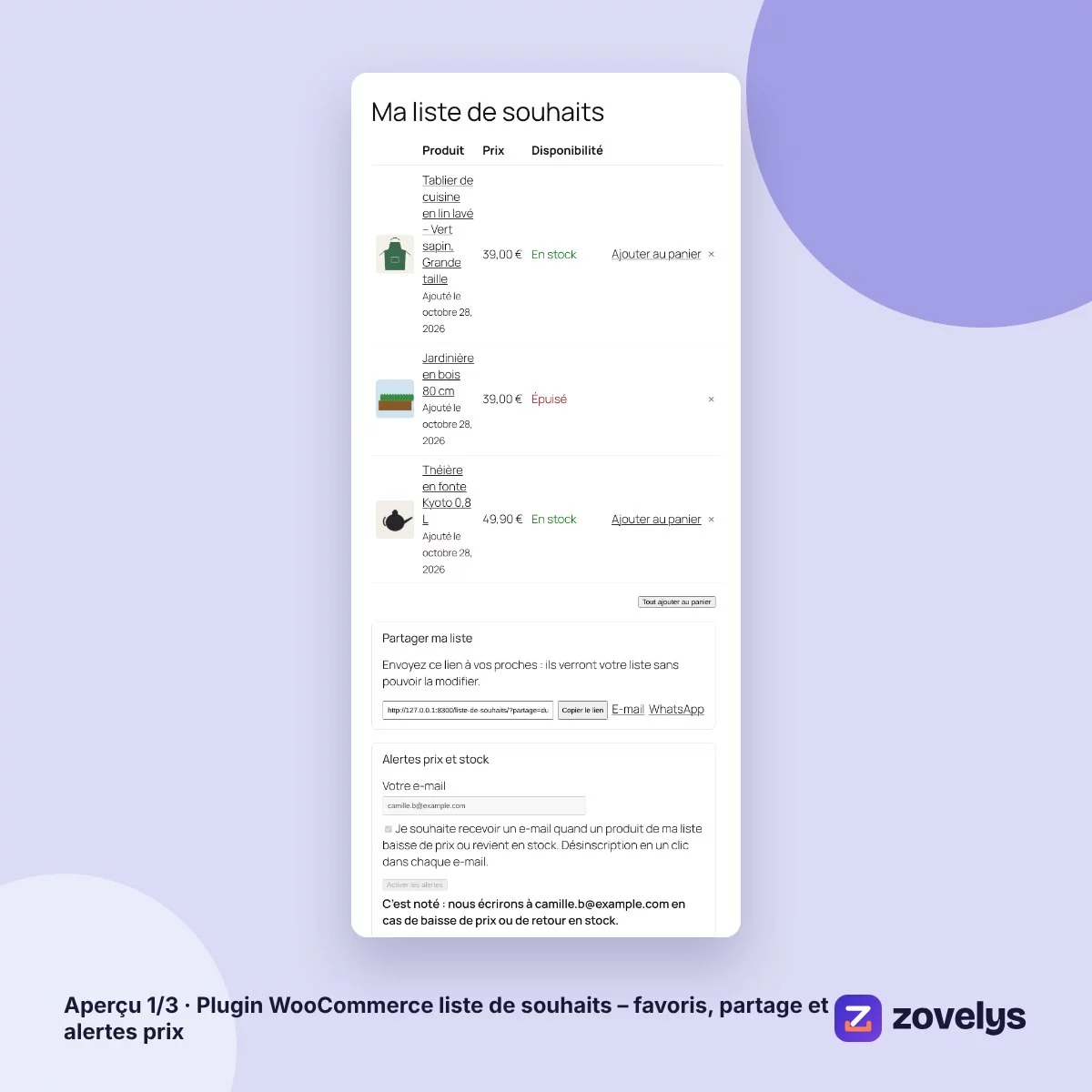 Plugin WooCommerce liste de souhaits – favoris, partage et alertes prix – aperçu 1