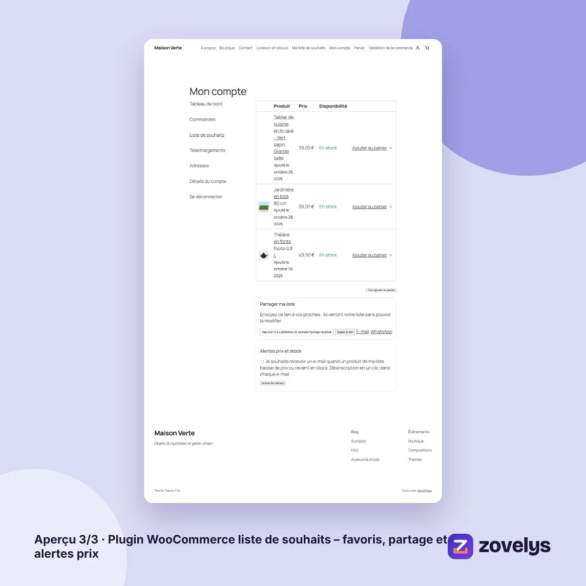 Plugin WooCommerce liste de souhaits – favoris, partage et alertes prix – aperçu 3