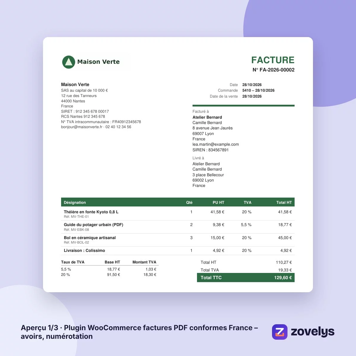 Plugin WooCommerce factures PDF conformes France – avoirs, numérotation – aperçu 1