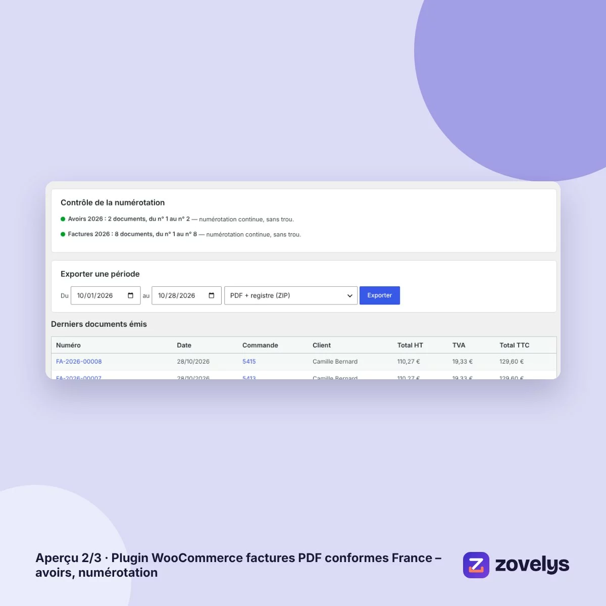 Plugin WooCommerce factures PDF conformes France – avoirs, numérotation – aperçu 2