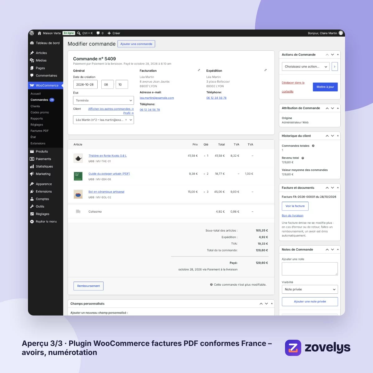 Plugin WooCommerce factures PDF conformes France – avoirs, numérotation – aperçu 3