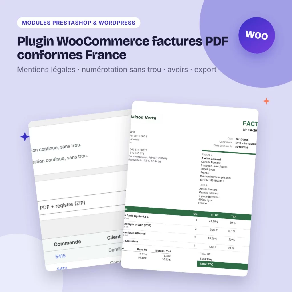 Plugin WooCommerce factures PDF conformes France – avoirs, numérotation