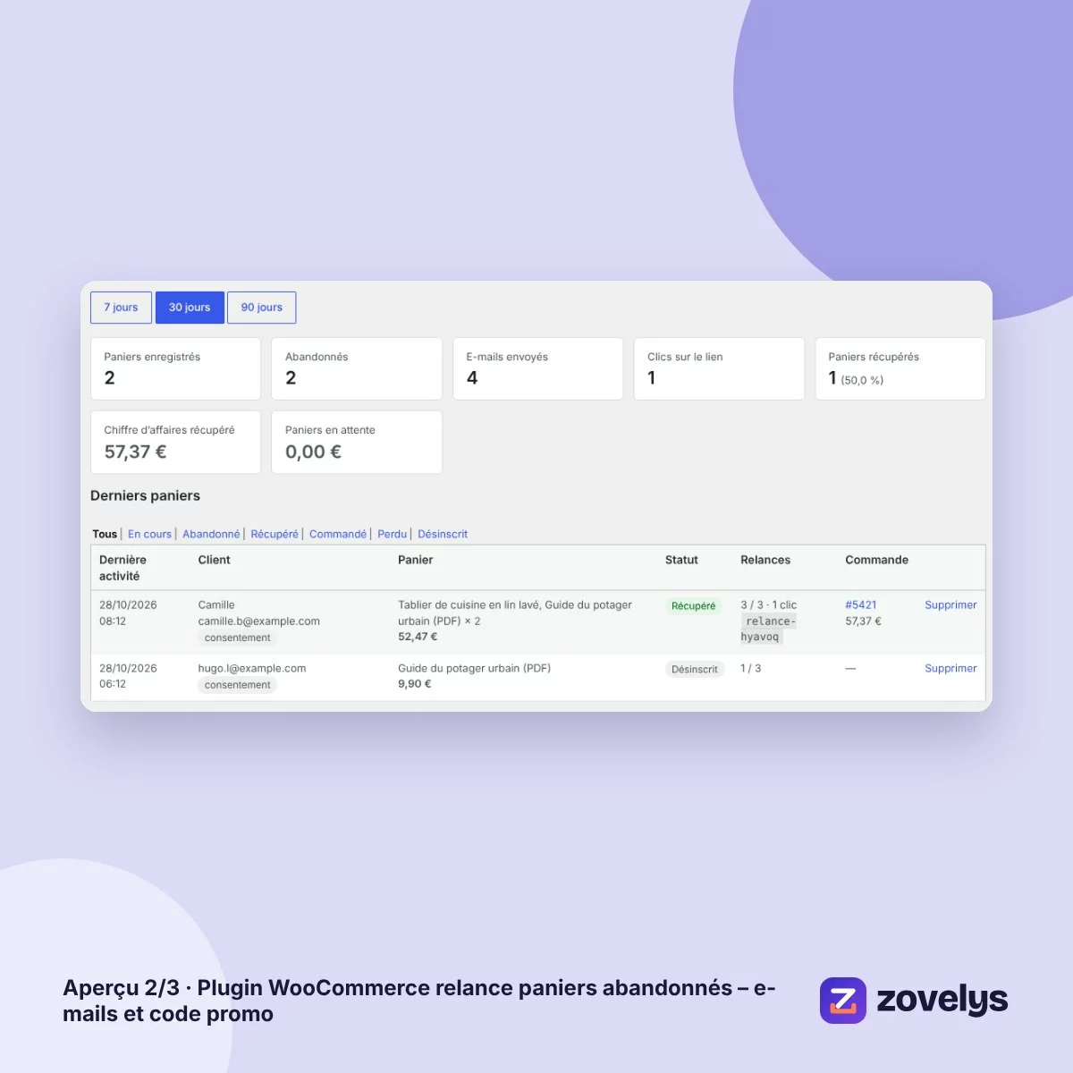 Plugin WooCommerce relance paniers abandonnés – e-mails et code promo – aperçu 2