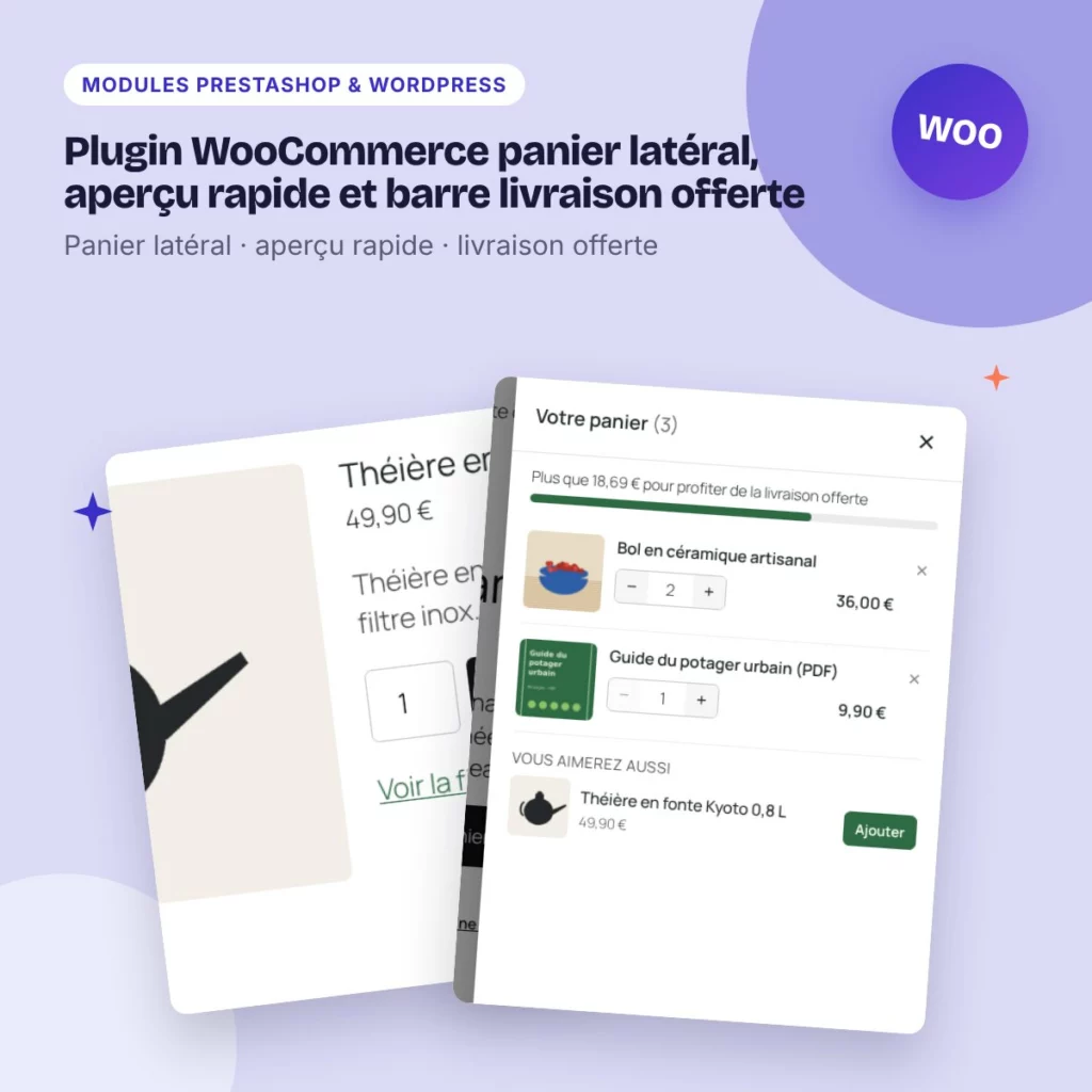 Plugin WooCommerce panier latéral, aperçu rapide et barre livraison offerte