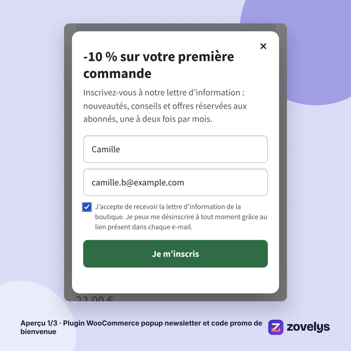 Plugin WooCommerce popup newsletter et code promo de bienvenue – aperçu 1