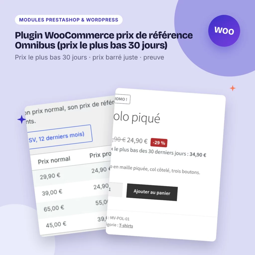 Plugin WooCommerce prix de référence Omnibus (prix le plus bas 30 jours)