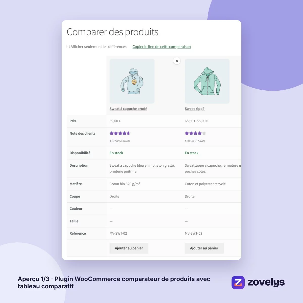 Plugin WooCommerce comparateur de produits avec tableau comparatif – aperçu 1