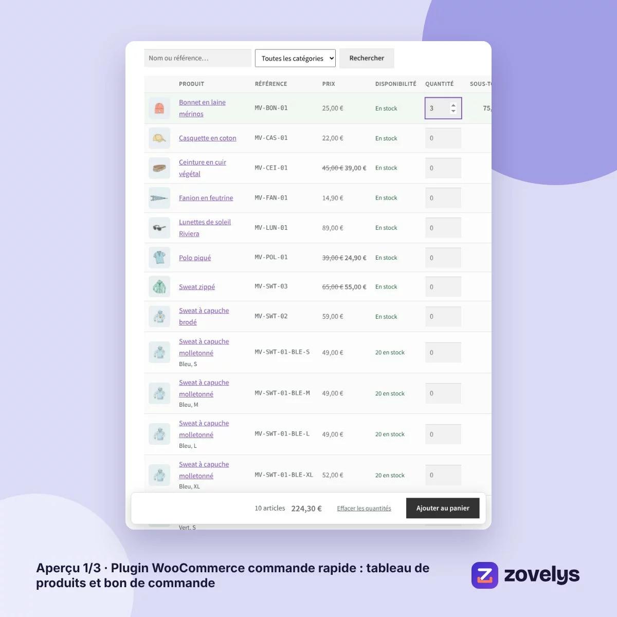 Plugin WooCommerce commande rapide : tableau de produits et bon de commande – aperçu 1