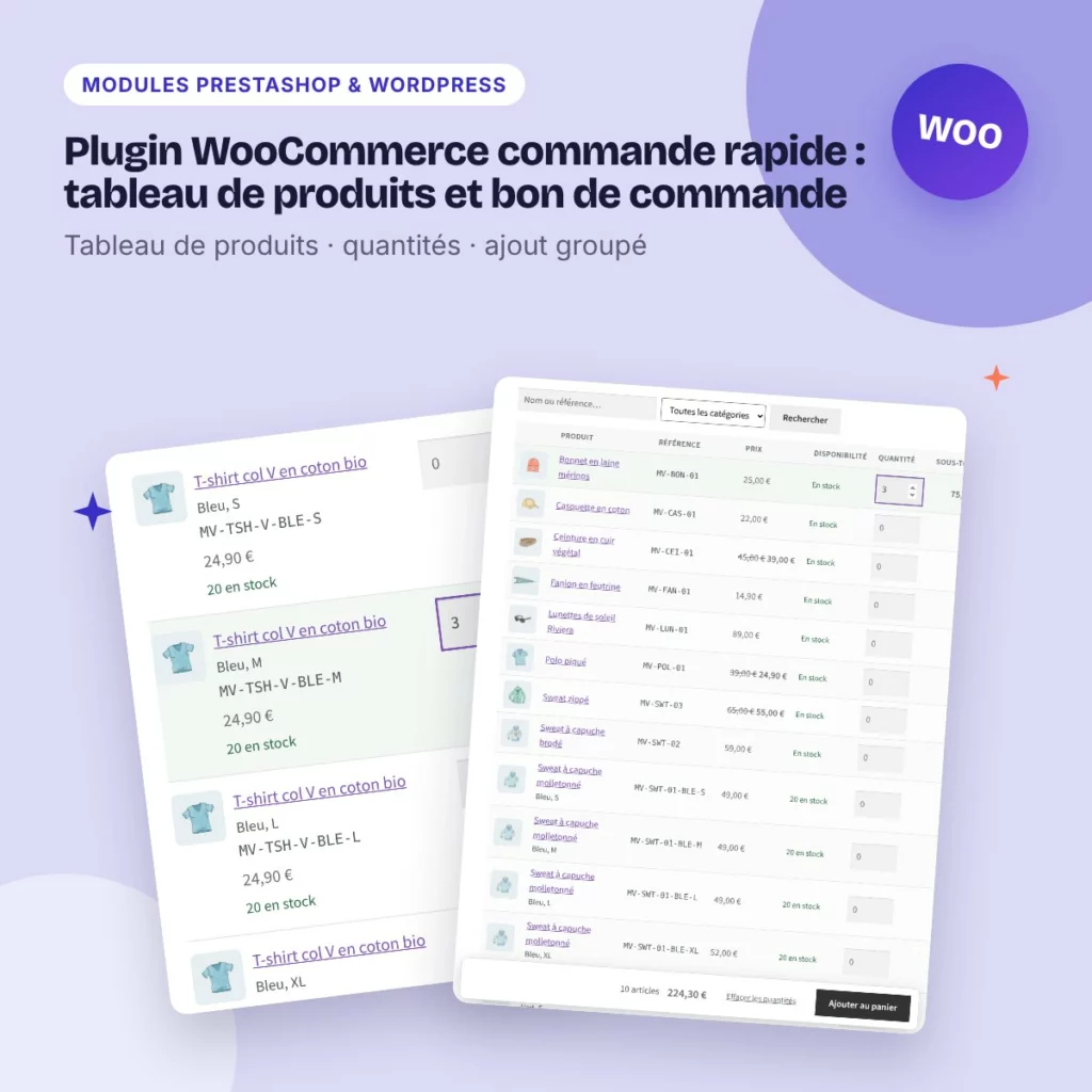 Plugin WooCommerce commande rapide : tableau de produits et bon de commande