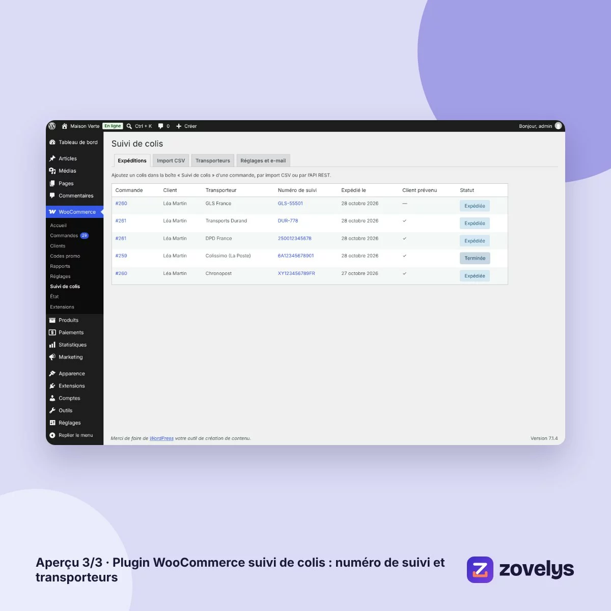 Plugin WooCommerce suivi de colis : numéro de suivi et transporteurs – aperçu 3