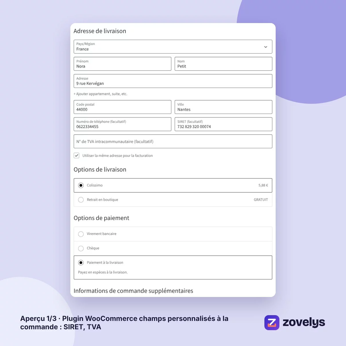 Plugin WooCommerce champs personnalisés à la commande : SIRET, TVA – aperçu 1