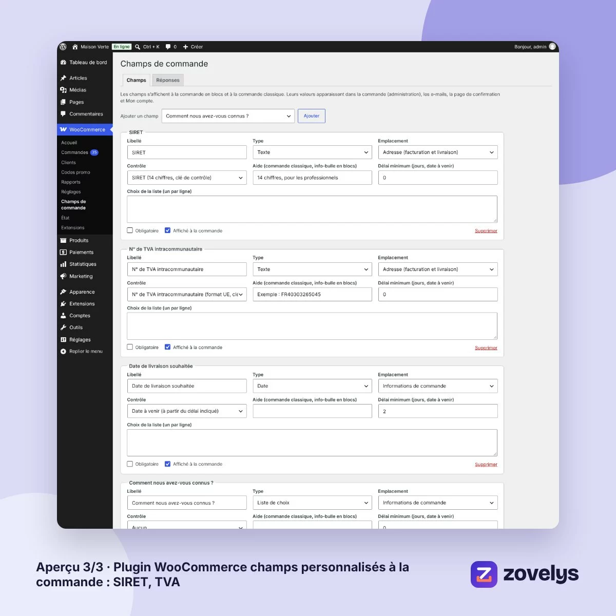 Plugin WooCommerce champs personnalisés à la commande : SIRET, TVA – aperçu 3