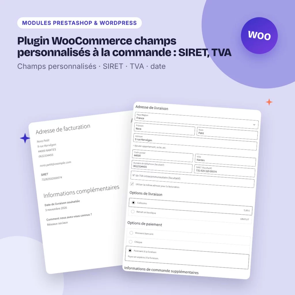Plugin WooCommerce champs personnalisés à la commande : SIRET, TVA