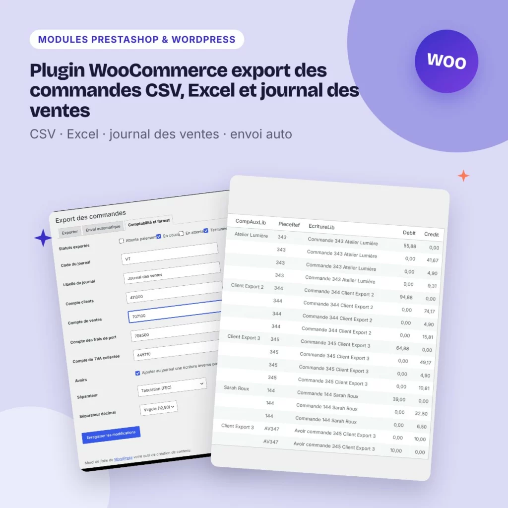 Plugin WooCommerce export des commandes CSV, Excel et journal des ventes