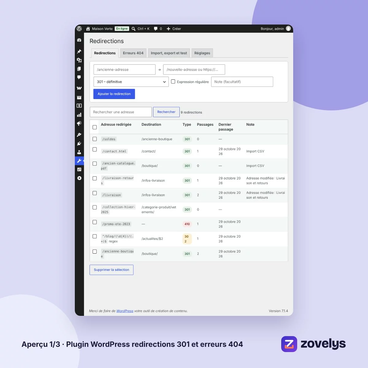 Plugin WordPress redirections 301 et erreurs 404 – aperçu 1