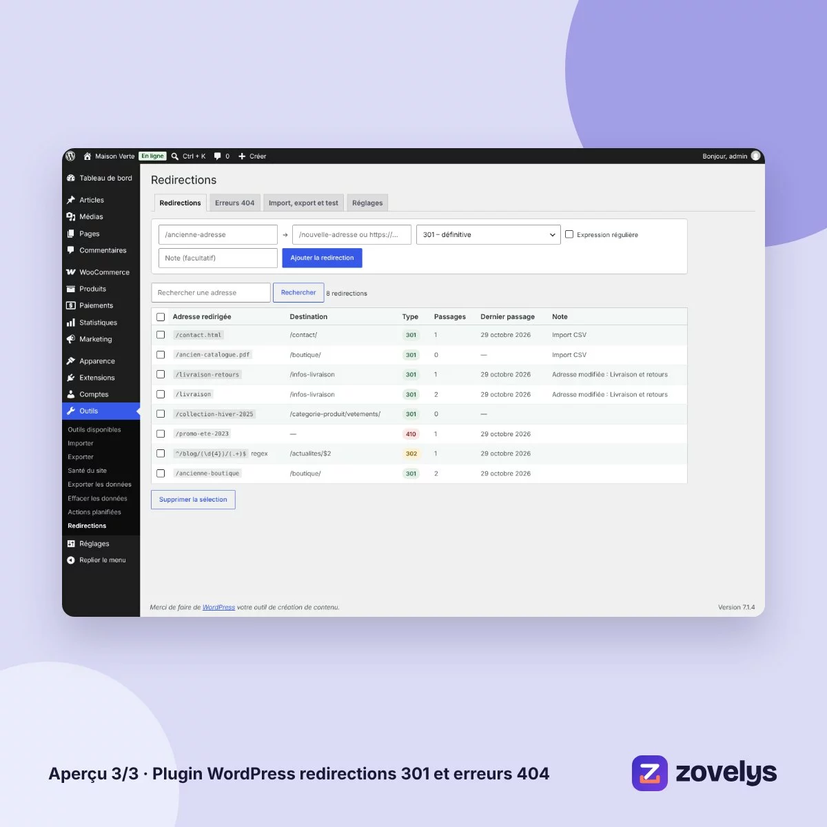 Plugin WordPress redirections 301 et erreurs 404 – aperçu 3