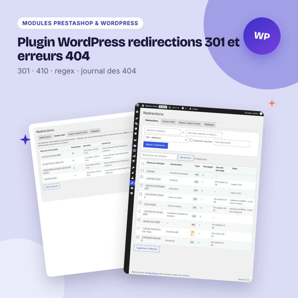 Plugin WordPress redirections 301 et erreurs 404