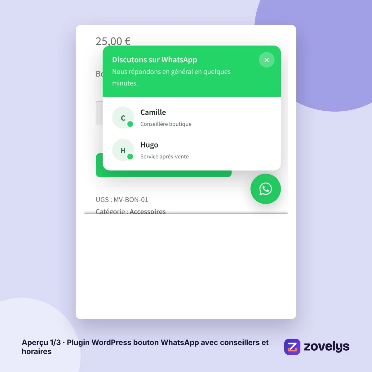 Plugin WordPress bouton WhatsApp avec conseillers et horaires – aperçu 1