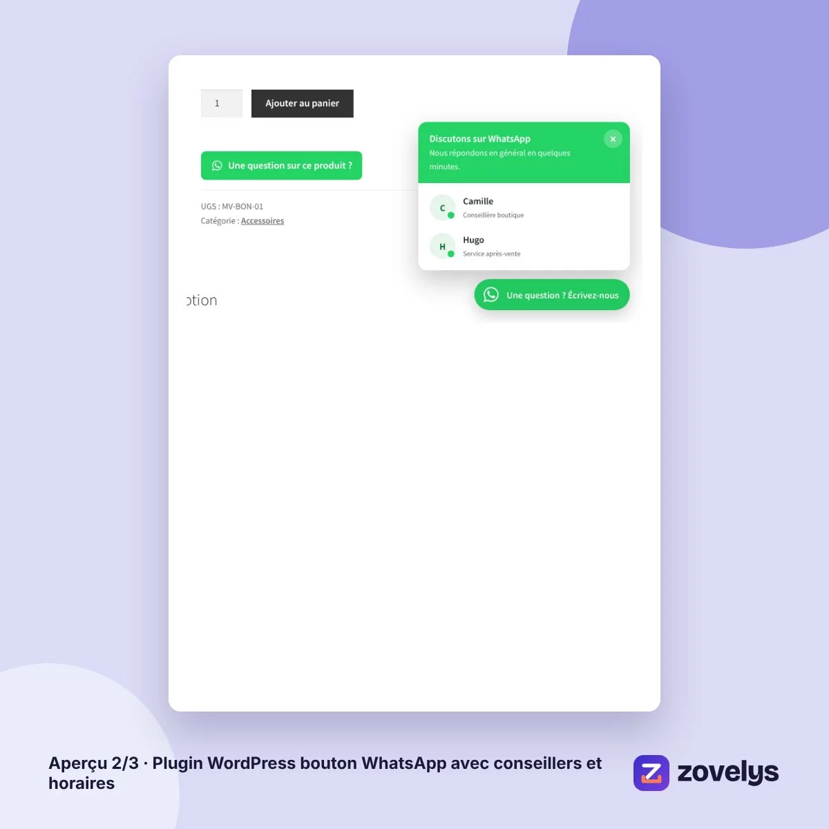 Plugin WordPress bouton WhatsApp avec conseillers et horaires – aperçu 2