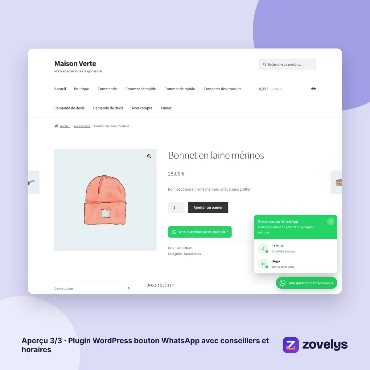Plugin WordPress bouton WhatsApp avec conseillers et horaires – aperçu 3
