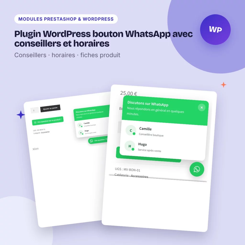 Plugin WordPress bouton WhatsApp avec conseillers et horaires